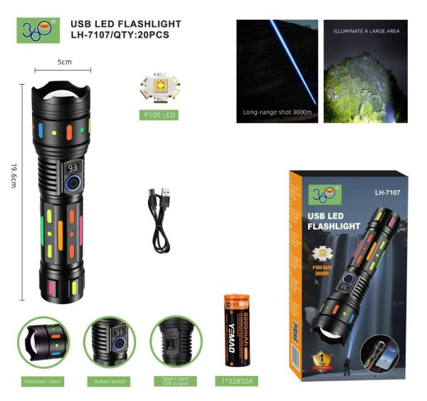 چراغ دستی شارژی USB مدل 30Hour LH-7107 ضدآب زوم‌دار